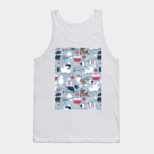 Veterinary medicine, happy and healthy friends // pattern // pastel blue background red details navy blue white and brown cats dogs and other animals Tank Top